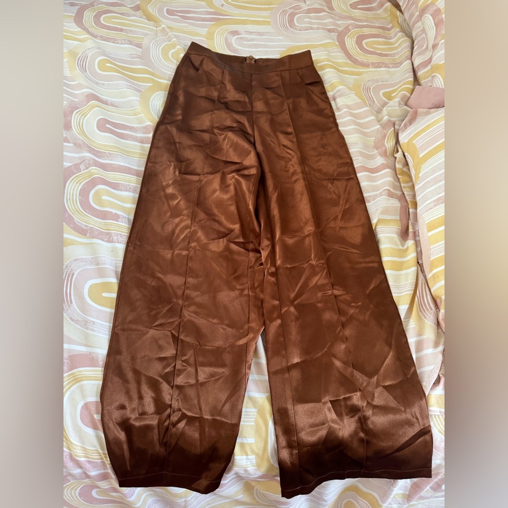 SHEIN Brown Straight Leg Pants with Silky Finish